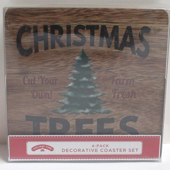 4 Pack Decorative Holiday Christmas Tree Coasters Cut Your Own Farm Fresh - Picture 2 of 8